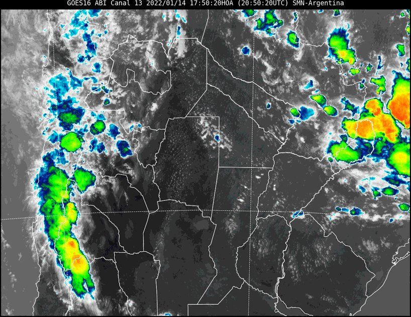 En la imagen satelital se observa que nuestra provincia continúa con poca nubosidad. El viento predominante del norte mantiene elevadas las temperaturas y con un leve ingreso de humedad que aún se mantiene relativamente baja.