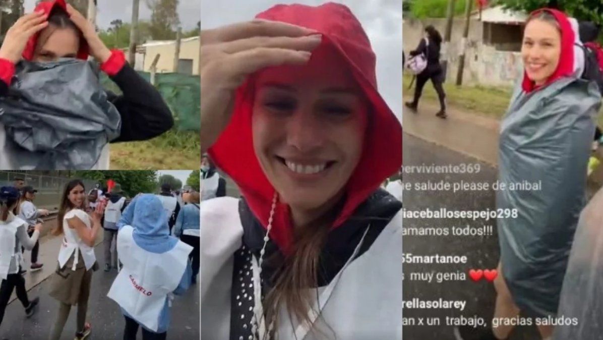 Pampita cumplió su promesa de ir caminando a Luján y la sorprendió la lluvia: Me pongo una bolsa de residuo y listo