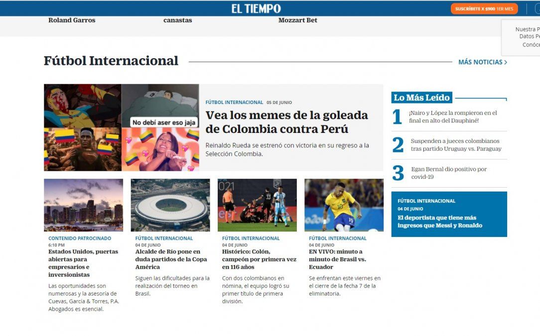 "El Tiempo" de Colombia también publicó una nota respecto del título que ganó Colón.