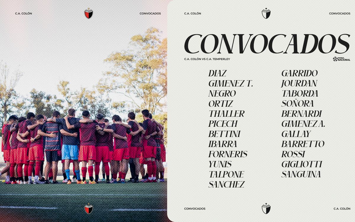 La lista de convocados de Colón vs. Temperley. La lista de convocados de Colón vs. Temperley.