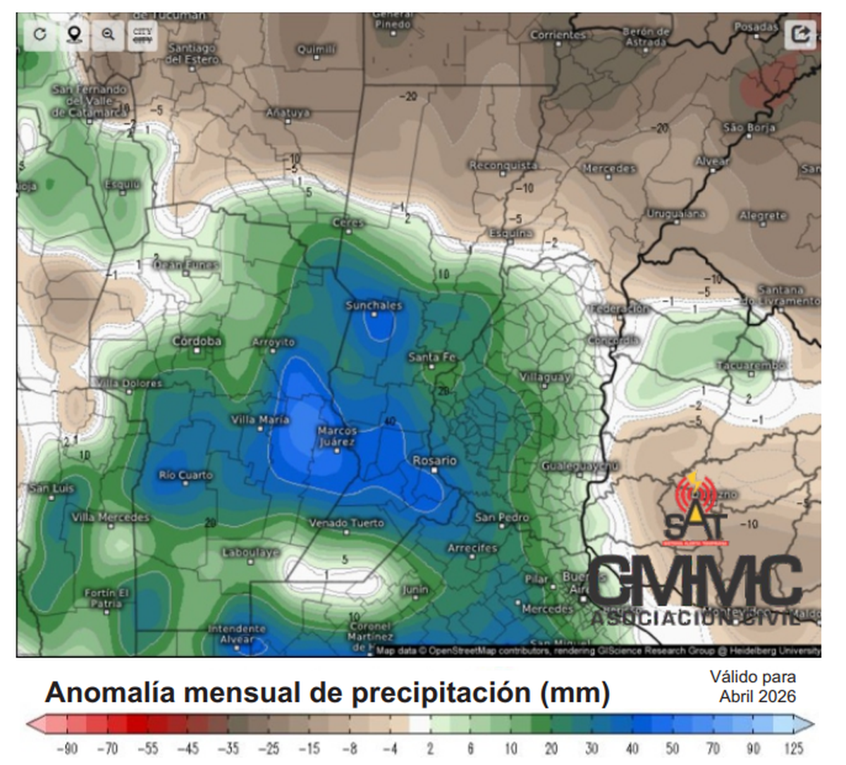 Anomalía mensual de lluvias para todo el mes de abril en la región, en el que las precipitaciones de comienzo de mes coincidieron con la previsión del CMMC. Anomalía mensual de lluvias para todo el mes de abril en la región, en el que las precipitaciones de comienzo de mes coincidieron con la previsión del CMMC.
