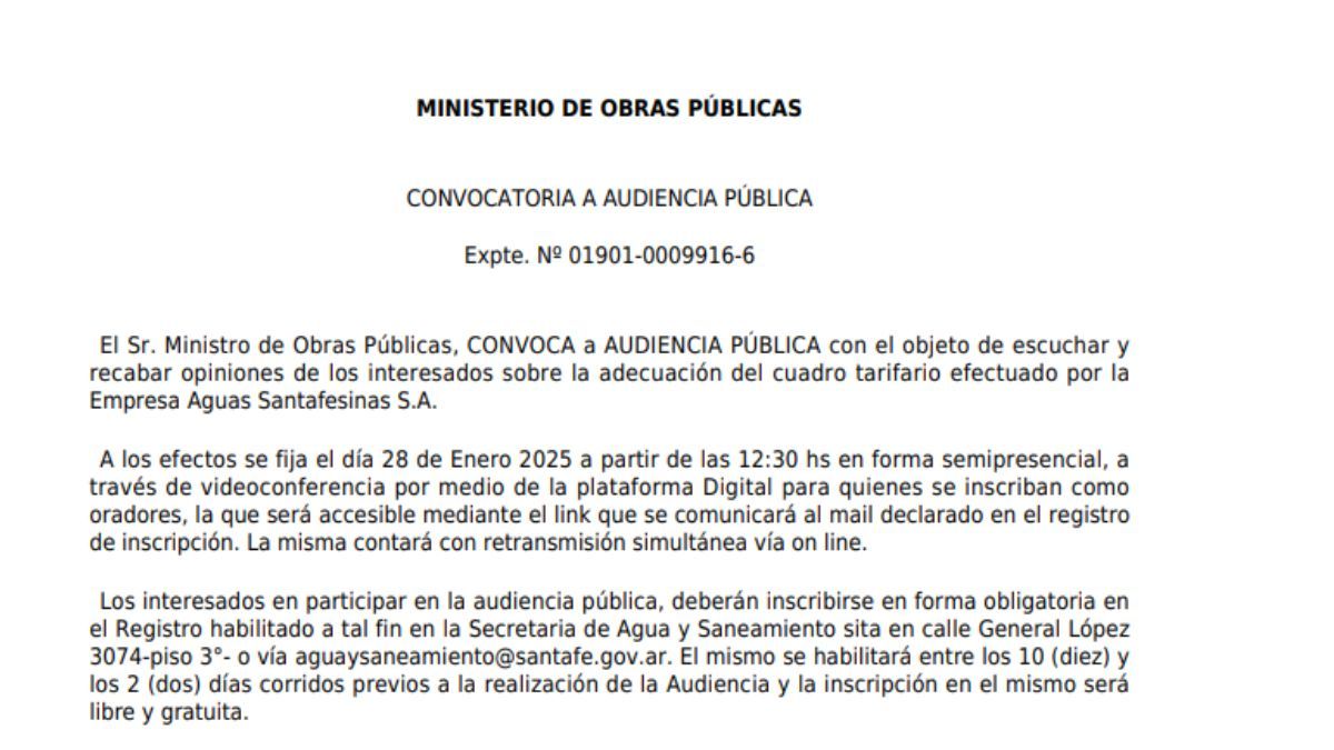El Ministerio de Obras Públicas de Santa Fe convocó a una audiencia pública para el próximo 28 de enero de 2025. El Ministerio de Obras Públicas de Santa Fe convocó a una audiencia pública para el próximo 28 de enero de 2025.