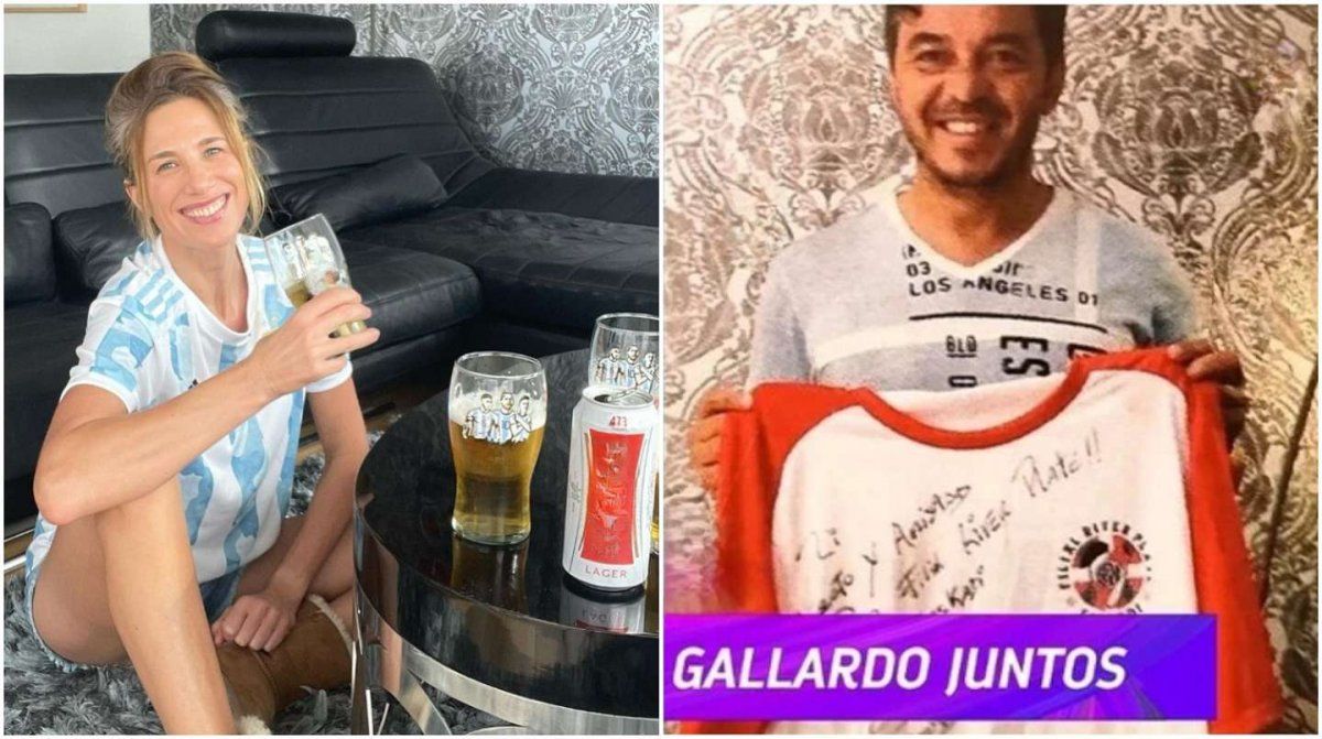 Alina Moine y Marcelo Gallardo, con el mismo empapelado de fondo.