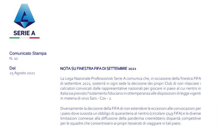 El comunicado de la Serie A de Italia, sobre su postura de no ceder jugadores a las Eliminatorias.