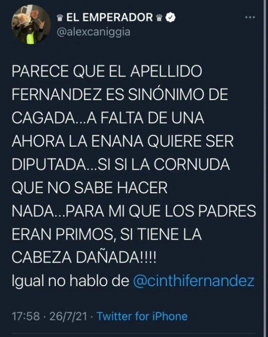 Polémico mensaje de Alex Caniggia contra Cinthia Fernández.