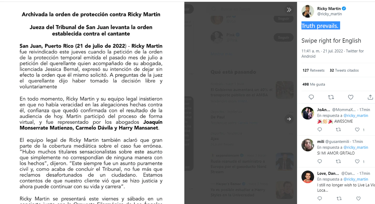 La demanda en contra de Ricky Martin fue retirada por el acusador y archivada. 