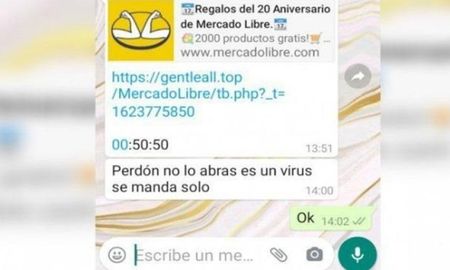 Un mensaje falso sobre regalos de mercadería de Mercado Libre se viralizó por Whatsapp. Promociona unos 2000 productos gratis por el 20 aniversario de la empresa, incluye un link que al abrirse se reenvía automáticamente al resto de los contactos. Un mensaje falso sobre regalos de mercadería de Mercado Libre se viralizó por Whatsapp. Promociona unos 2000 productos gratis por el 20 aniversario de la empresa, incluye un link que al abrirse se reenvía automáticamente al resto de los contactos.