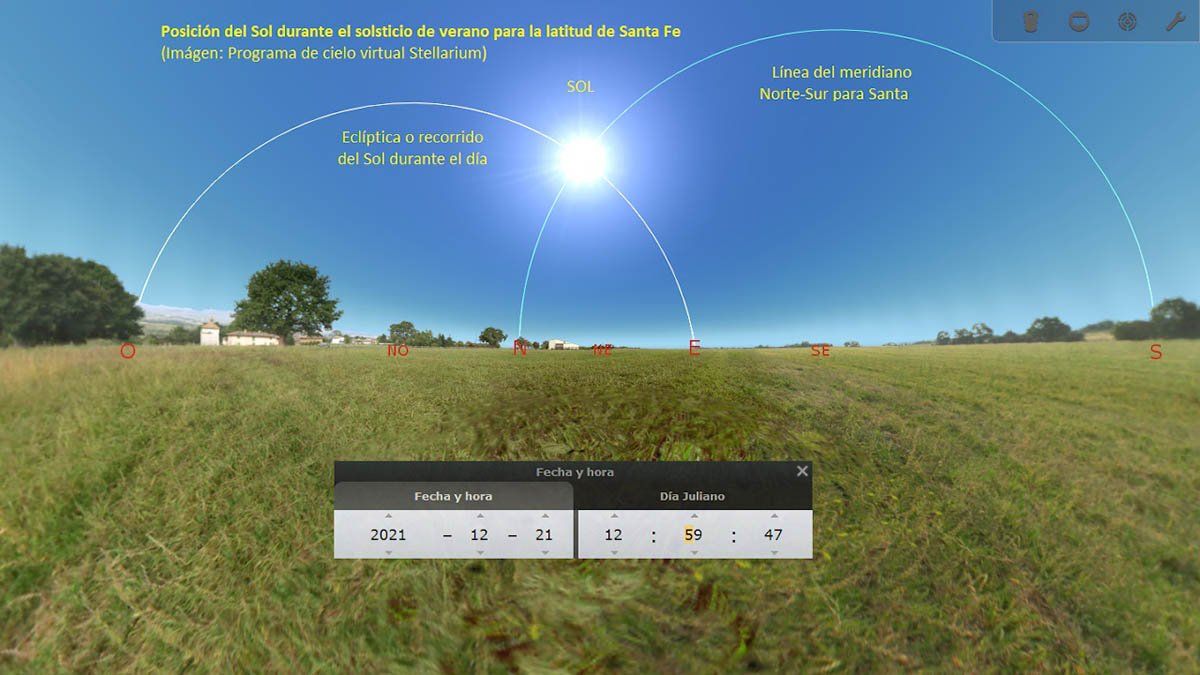 La imagen del programa de cielo virtual Stellarium muestra en momento exacto de la posición del Sol al producirse el solsticio de verano para la latitud de Santa Fe de la Vera Cruz.