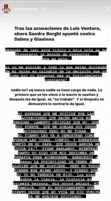 Gianinna Maradona causó preocupación luego de asegurar que, "si no tuviera un hijo, ya lo hubiera hecho". 