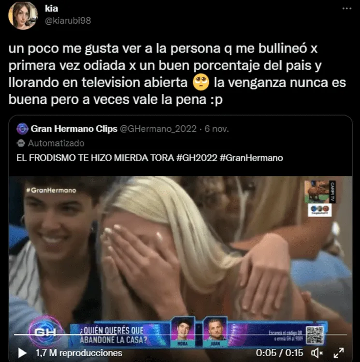 Una usuaria de Twitter apuntó contra La Tora de Gran Hermano.