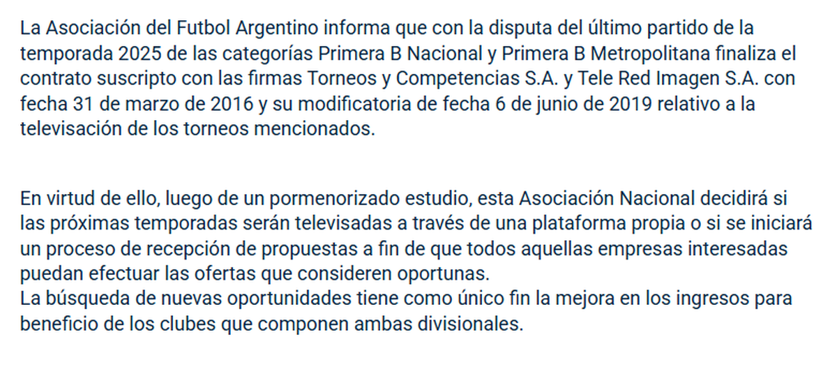 El comunicado oficial de la AFA sobre la finalización del contrato de TV en la Primera Nacional y Primera B con Torneos y el Grupo Clarín. El comunicado oficial de la AFA sobre la finalización del contrato de TV en la Primera Nacional y Primera B con Torneos y el Grupo Clarín.