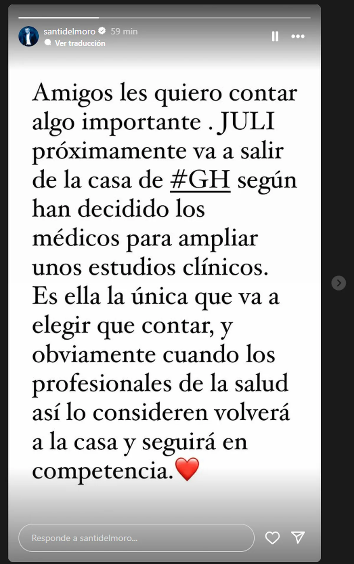 Santiago del Moro explicó que Furia había tenido que abandonar la casa de Gran Hermano. Santiago del Moro explicó que Furia había tenido que abandonar la casa de Gran Hermano.