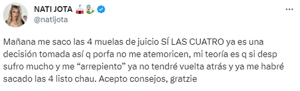 Nati Jota se sacará las cuatro muelas de juicio (Foto: Captura Twitter/natijota)