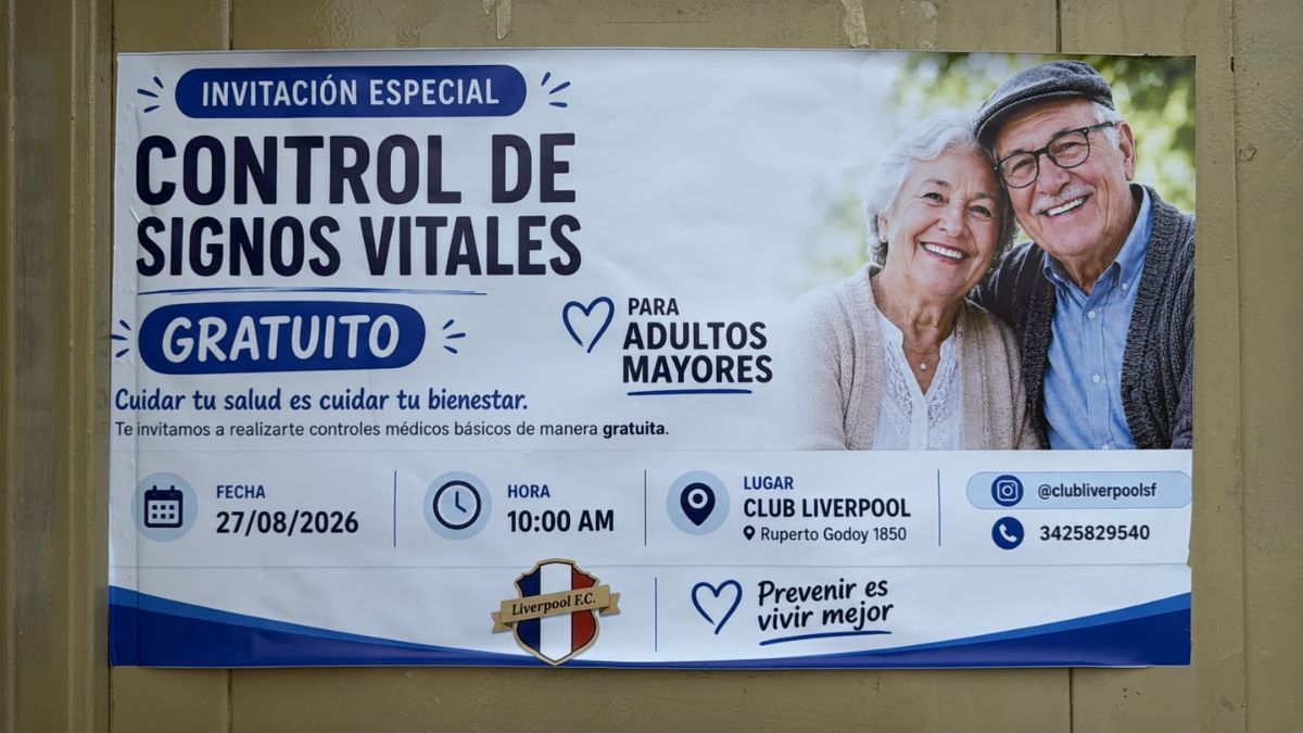 Control de signos vitales para adultos desde las 10 de este jueves en el club Liverpool. Control de signos vitales para adultos desde las 10 de este jueves en el club Liverpool.
