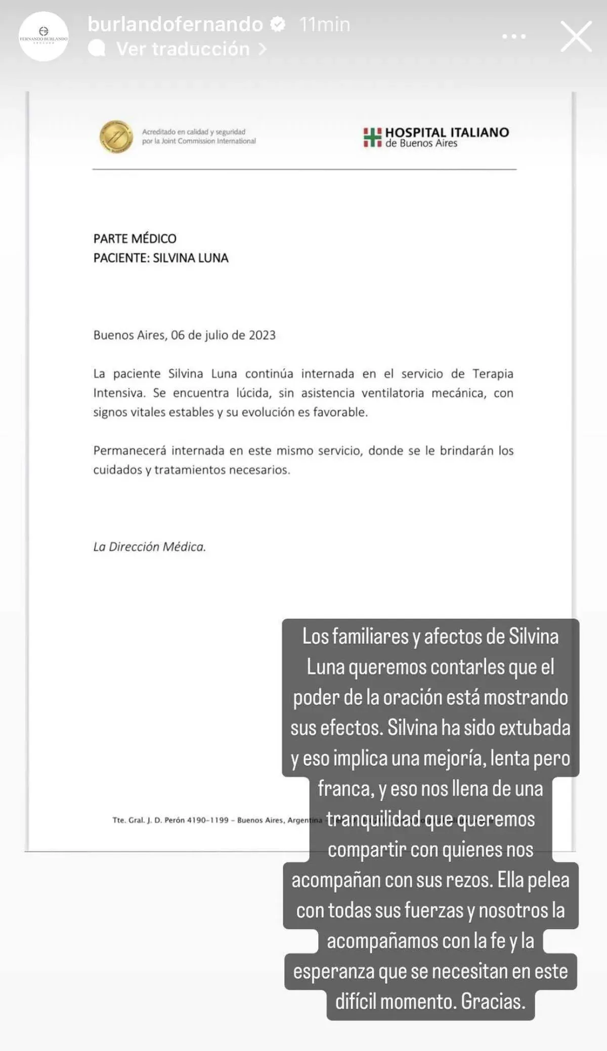 El último parte médico de Silvina Luna. El último parte médico de Silvina Luna.