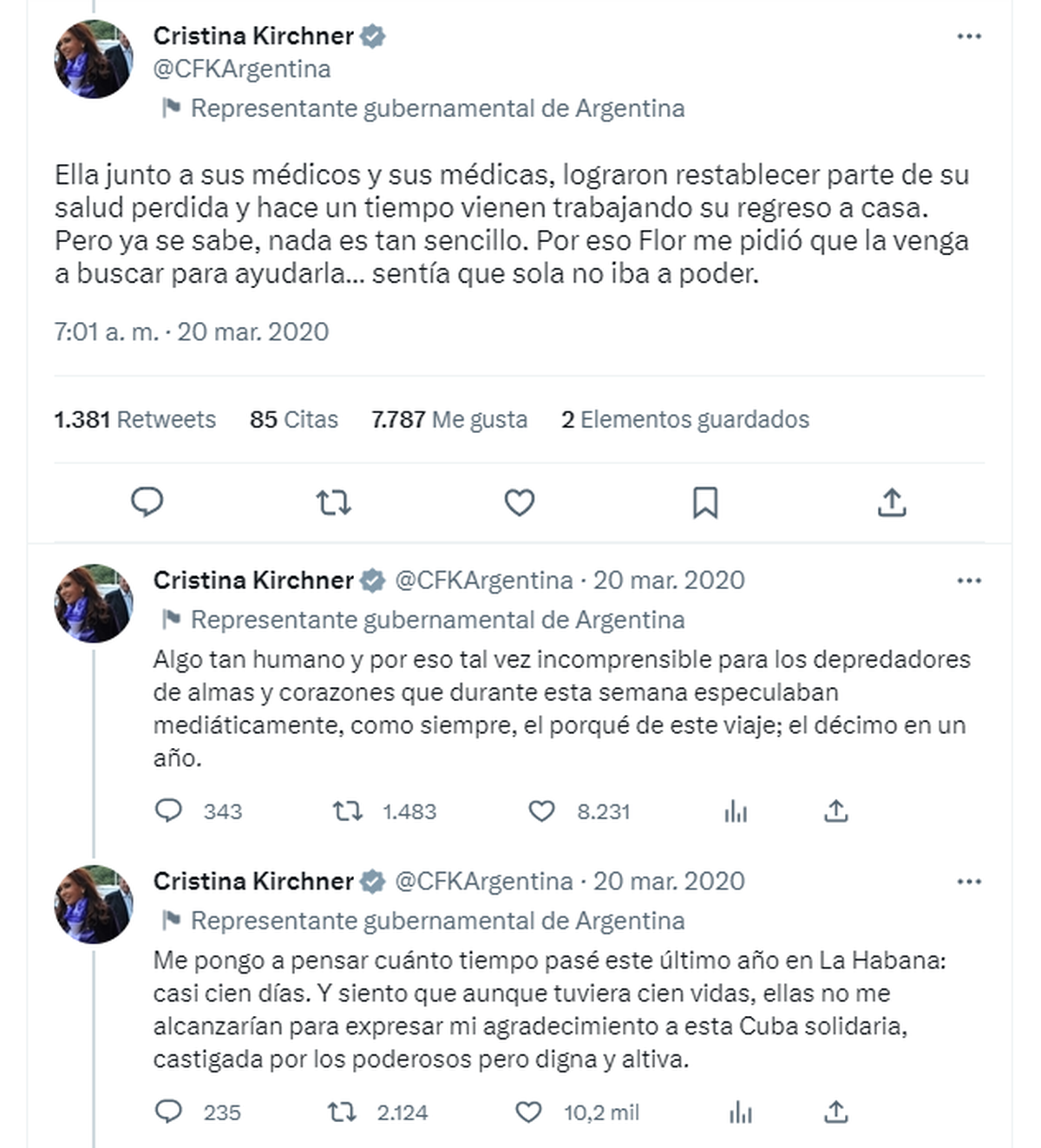 Cristina Kirchner anunció a fines de marzo de 2020 el retorno de Florencia Kirchner a Argentina.