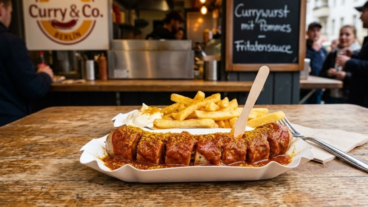 Combina salchichas doradas con una salsa especiada a base de tomate y curry.