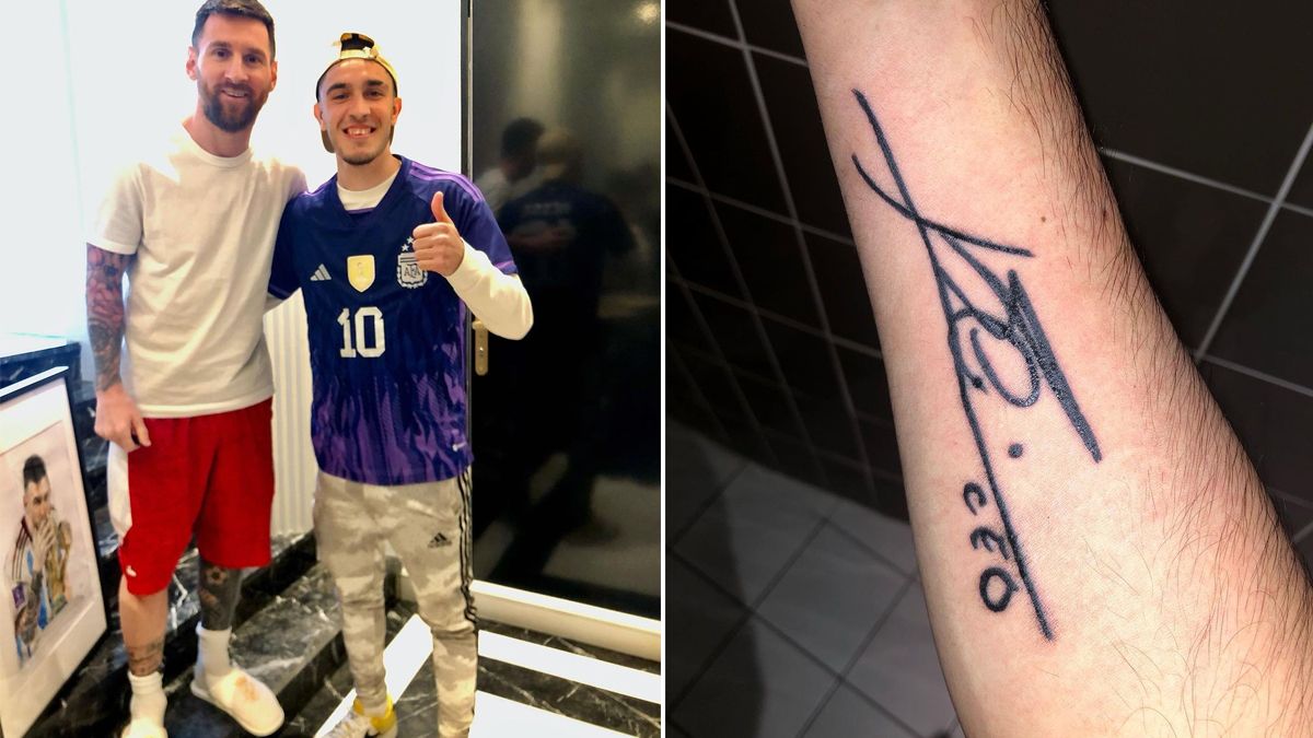 Juan Polcan junto a Lionel Messi y el tatuaje que se hizo en el brazo.