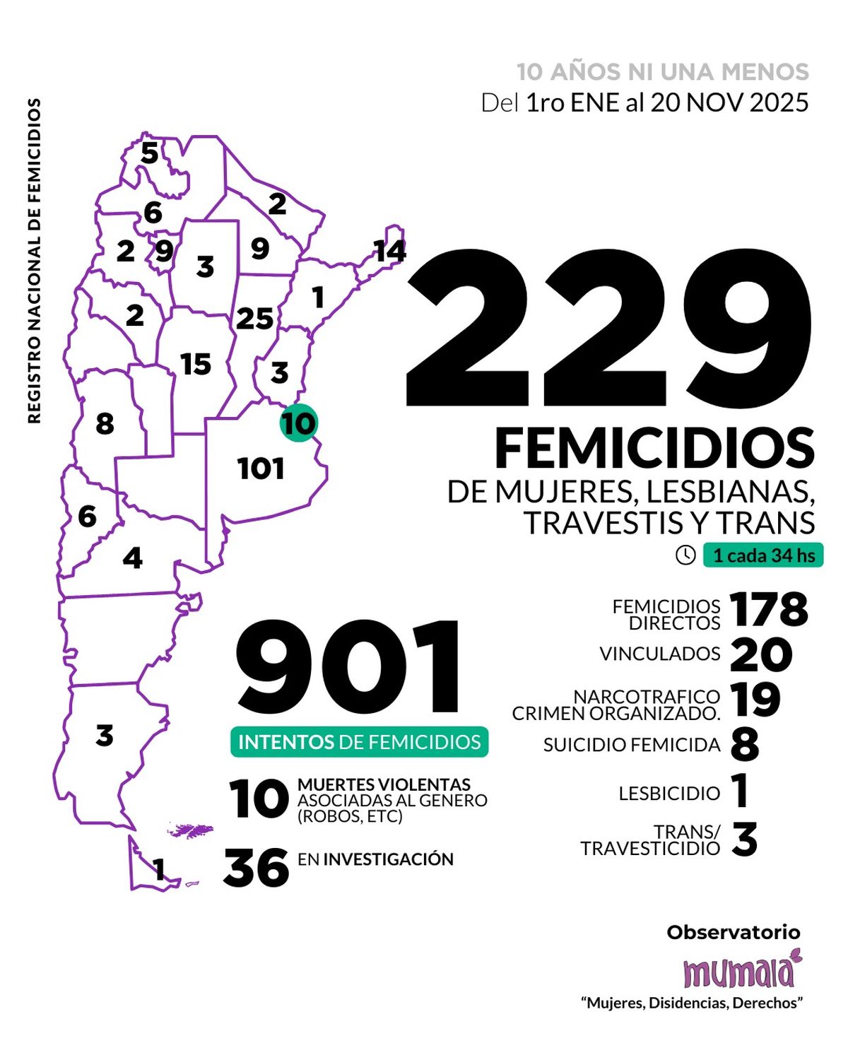 En lo que va del año, se registraron 229 femicidios y 901 intentos de femicidios.