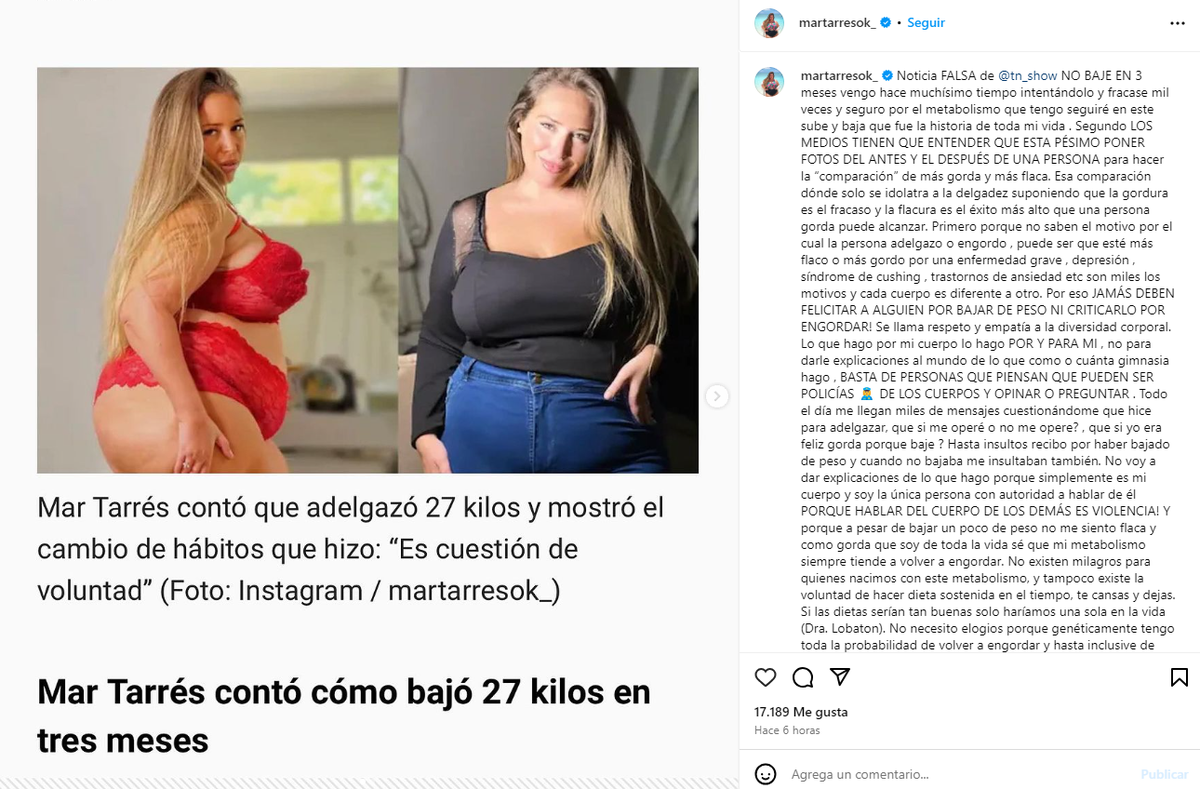 El descargo de Mar Tarrés tras bajar 27 kilos. El descargo de Mar Tarrés tras bajar 27 kilos.