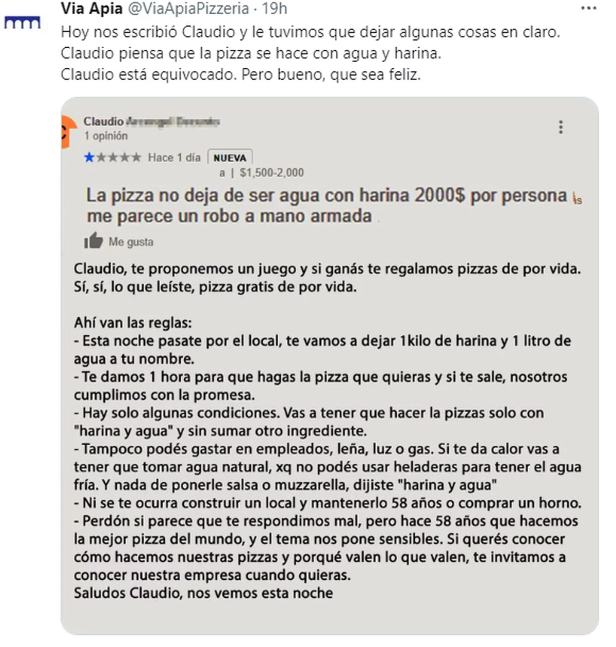 La respuesta de la pizzería al comentario de Claudio, un usuario que se quejó de la comida.