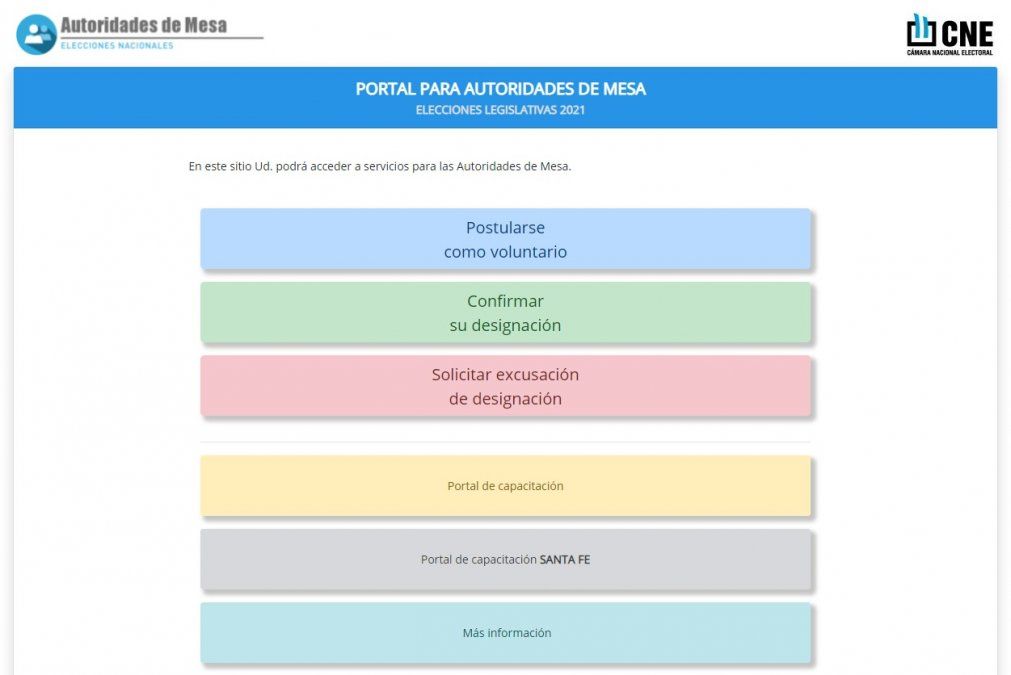 El inicio del portal brinda las opciones.