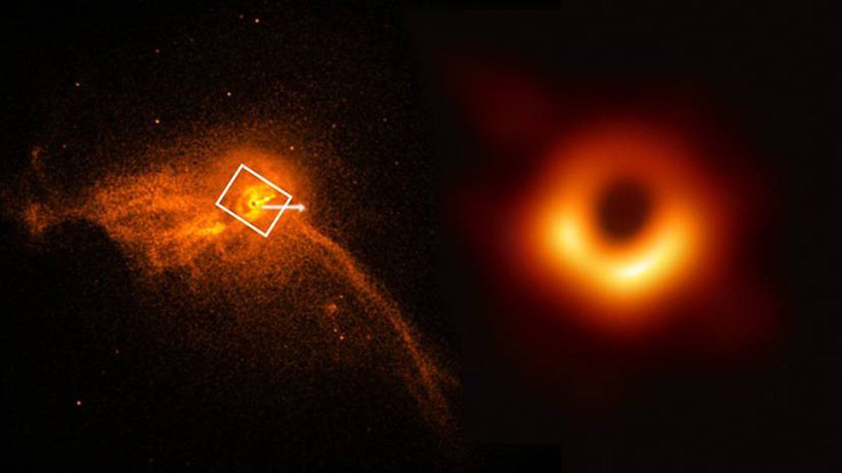 En el núcleo de la galaxia M87 (a la izquierda) se logró la primera imagen de un agujero negro (a la derecha).