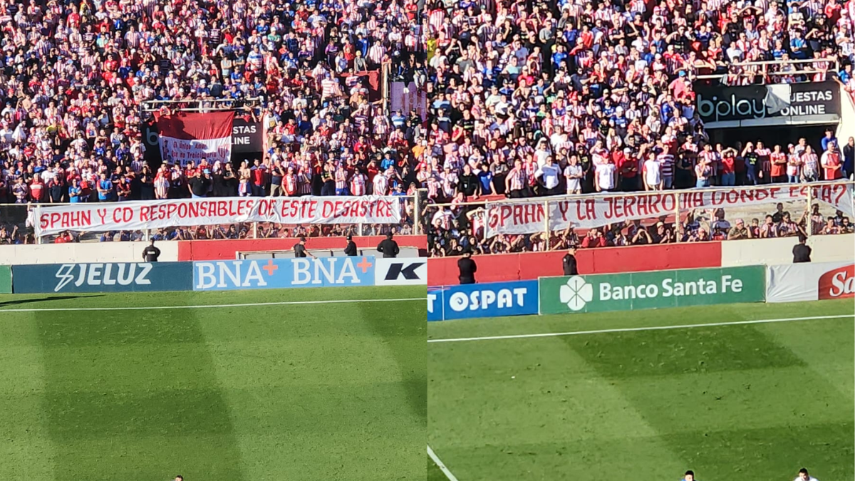 Las banderas que colgaron los hinchas de Unión contra la dirigencia, en el partido ante Lanús. Las banderas que colgaron los hinchas de Unión contra la dirigencia, en el partido ante Lanús.