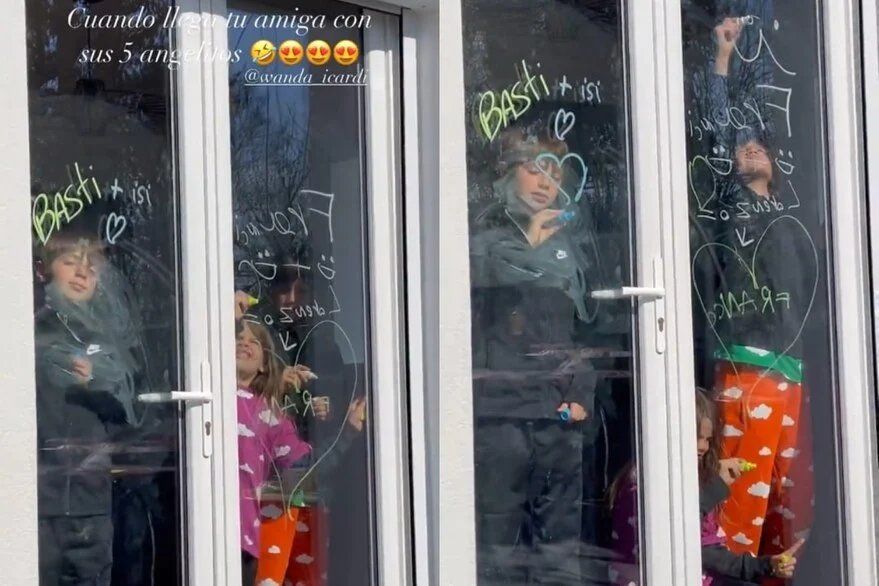 Los hijos de Wanda Nara dibujaron sobre los vidrios de la casa de una amiga. 