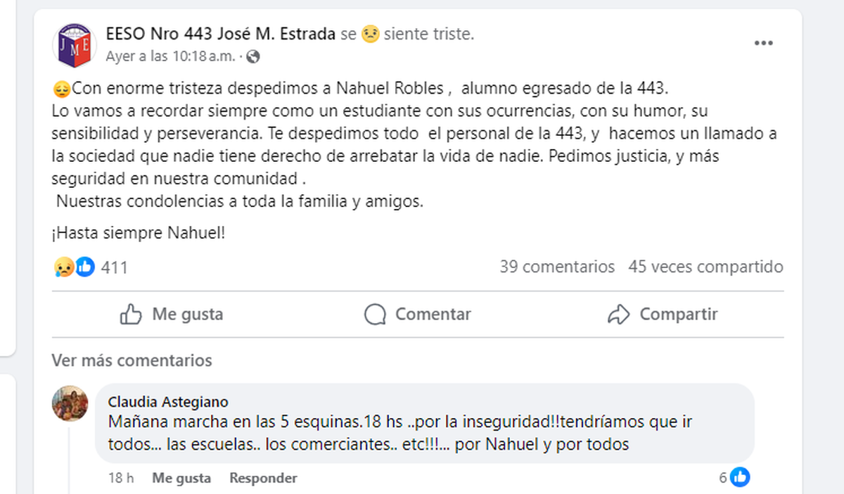 El mensaje de la escuela de Educaci&oacute;n Secundaria Orientada (EESO) Nro 443 Jos&eacute; Manuel Estrada.