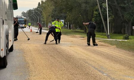 El derrame de soja ocupa al menos 400 metros de la Ruta 11 en Sauce Viejo. Bomberos y policías trabajan para retirar la carga y liberar el tránsito. El derrame de soja ocupa al menos 400 metros de la Ruta 11 en Sauce Viejo. Bomberos y policías trabajan para retirar la carga y liberar el tránsito.