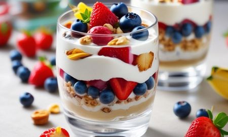 Un postre fresco y colorido, con capas de yogur, frutas de estación y granola crocante. Un postre fresco y colorido, con capas de yogur, frutas de estación y granola crocante.