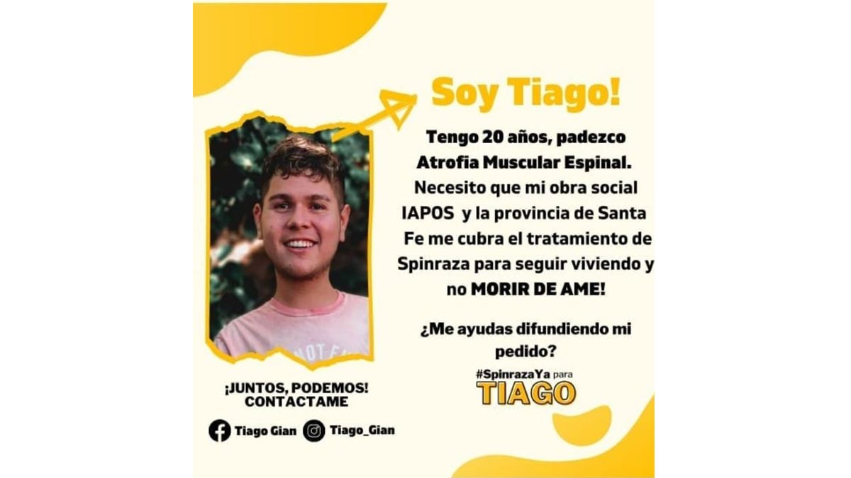 Tiago tiene 20 años, a los dos años de edad fue diagnosticado con Atrofia Muscular Espinal (AME) una enfermedad de carácter genético, que se manifiesta por la pérdida progresiva de la fuerza.