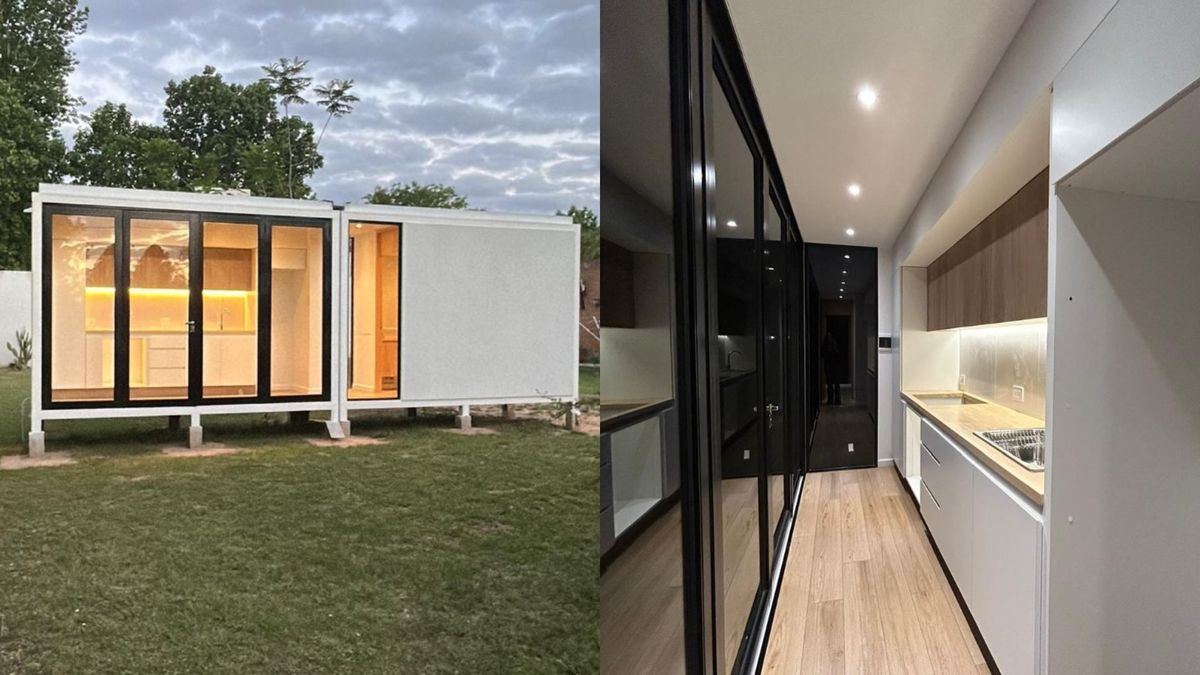 Uno de los módulos de Bac Modular en exhibición, con baño y cocina completamente equipados.
