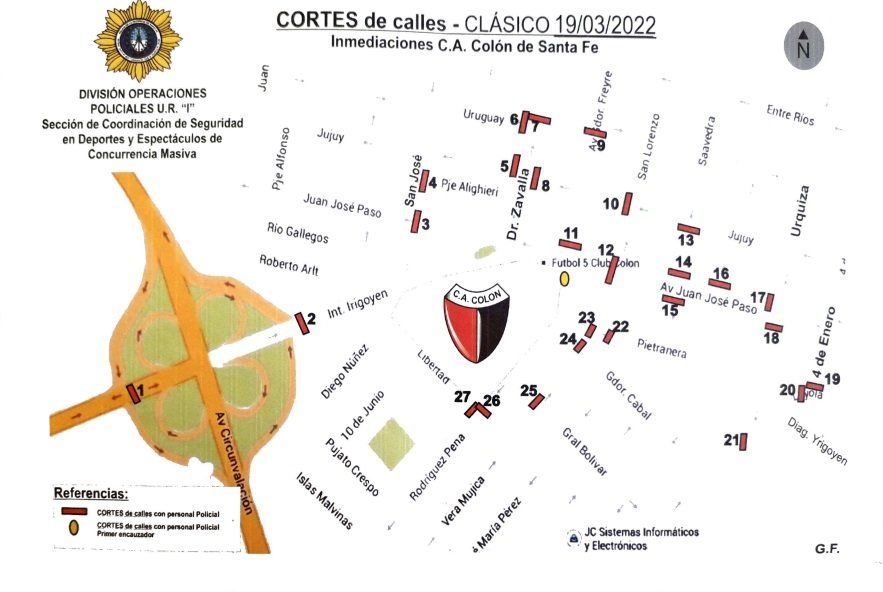 Cortes de calles y puestos de control que estarán ubicados en inmediaciones de la cancha de Colón.