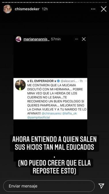 El repudiable gesto de Mariana Nannis luego de que su hijo, Alex Caniggia, dispare contra Pampita. 