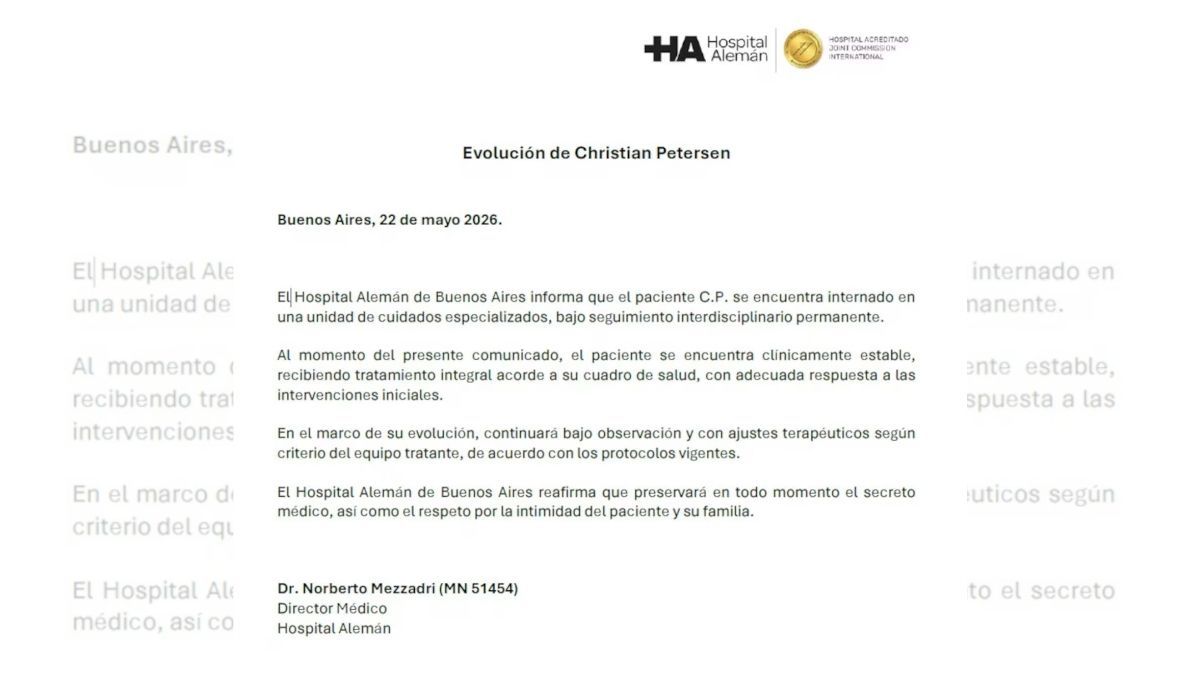 El Hospital Alemán difundió un parte sobre la salud de Christian Petersen. El Hospital Alemán difundió un parte sobre la salud de Christian Petersen. 