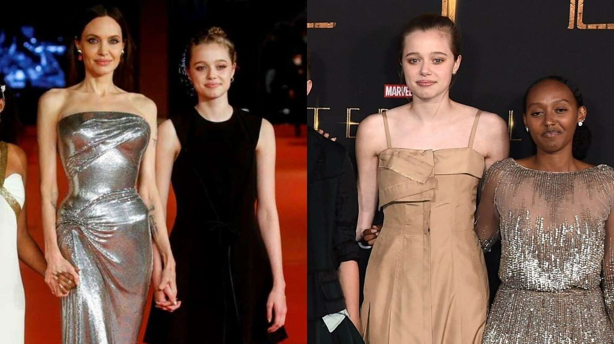 Junto a su mamá Angelina y a su hermana, Shiloh sorprendió con vestidos en la alfombra roja. 
