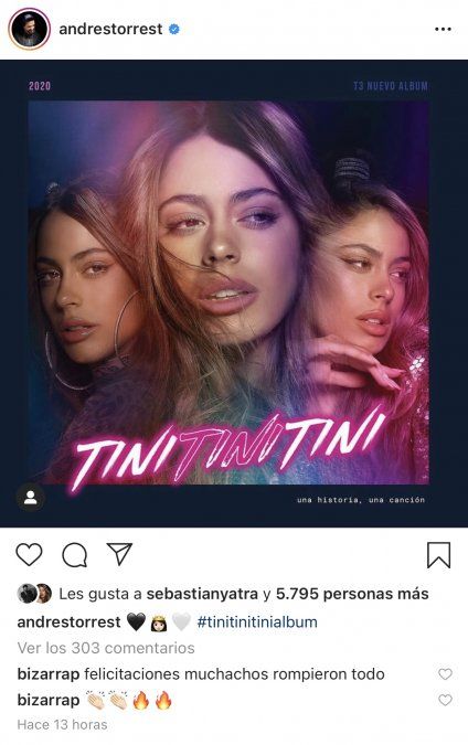 El like de Sebastián Yatra al productor de Tini Stoessel.