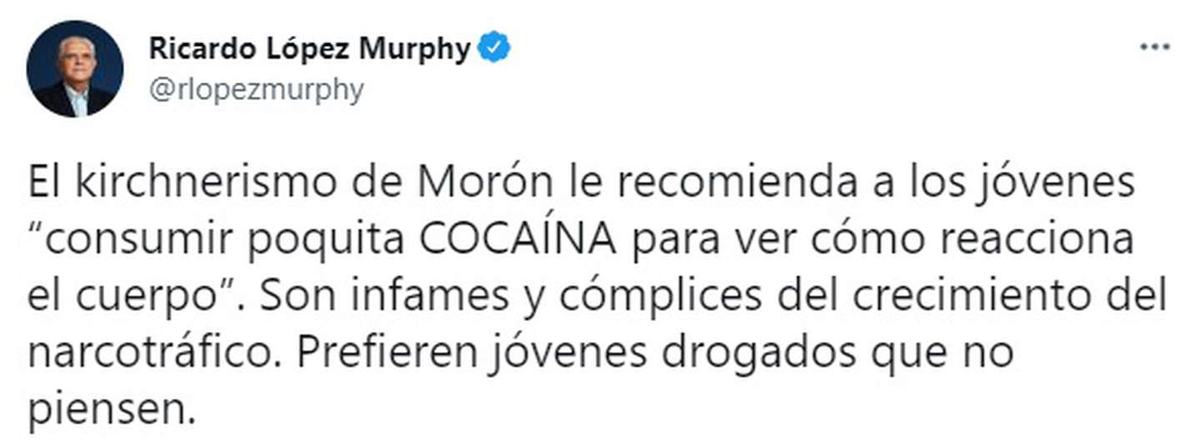 El diputado de Juntos por el Cambio Ricardo López Murphy criticó los consejos del municipio de Morón: "Son infames y cómplices del crecimiento del narcotráfico" (Foto: captura Twitter @rlopezmurphy).  