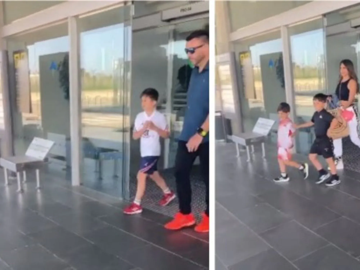 El hijo mayor de Leo llegó a la ciudad catalana con la camiseta del PSG y se tapó el escudo.