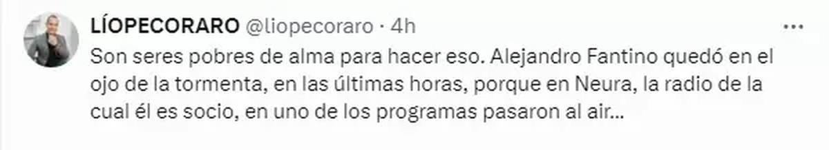 Lío Pecoraro y su pedido de explicaciones a Alejandro Fantino tras el brutal chiste en Neura que involucró pedofilia y cáncer infantil. Lío Pecoraro y su pedido de explicaciones a Alejandro Fantino tras el brutal chiste en Neura que involucró pedofilia y cáncer infantil.