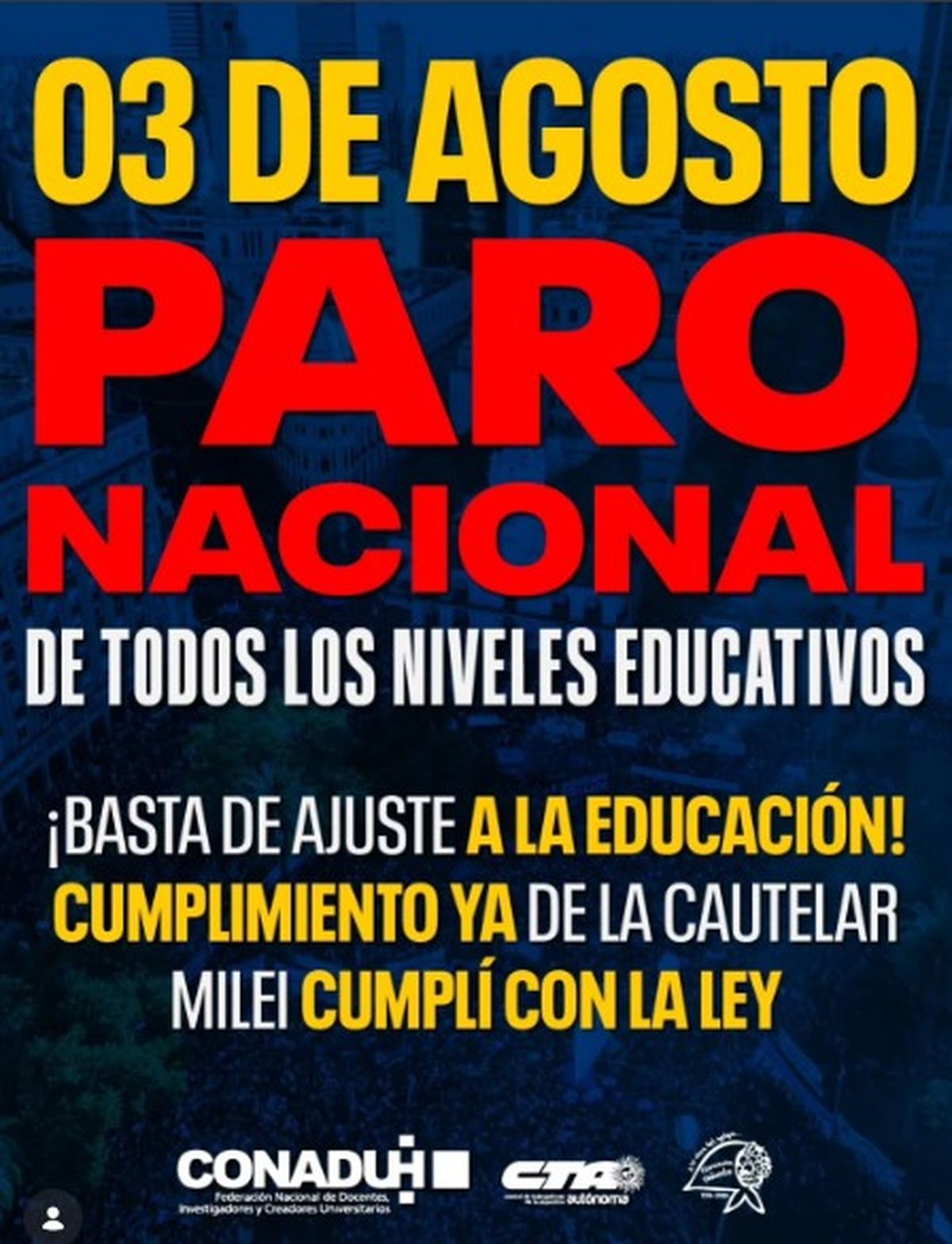 Según precisaron desde el sector, “la persistente negativa del Gobierno Nacional a convocar a la paritaria y el sostenido deterioro de los salarios profundizan el conflicto educativo en todos sus niveles. A ello se suma el desfinanciamiento de la educación pública y el incumplimiento de derechos consagrados por la ley”.