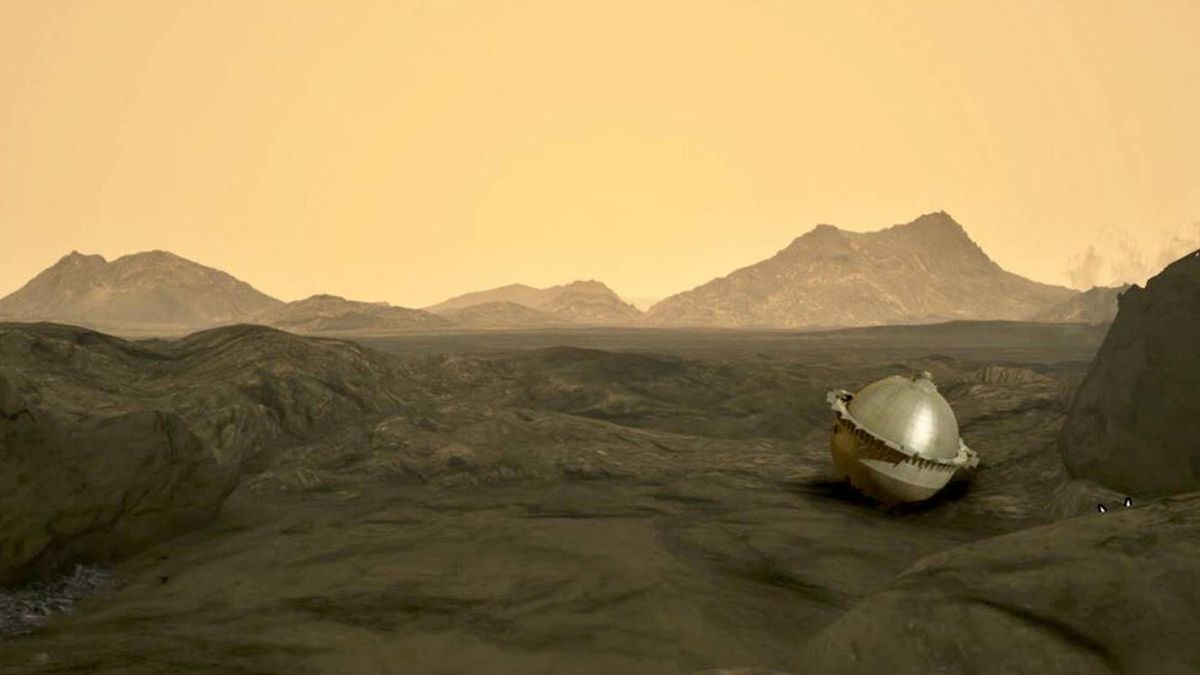 Imagen ilustrativa: la sonda de atmósfera profunda DAVINCI de la NASA, desciende a través de la densa atmósfera de dióxido de carbono de Venus hacia las montañas Alfa Regio. 