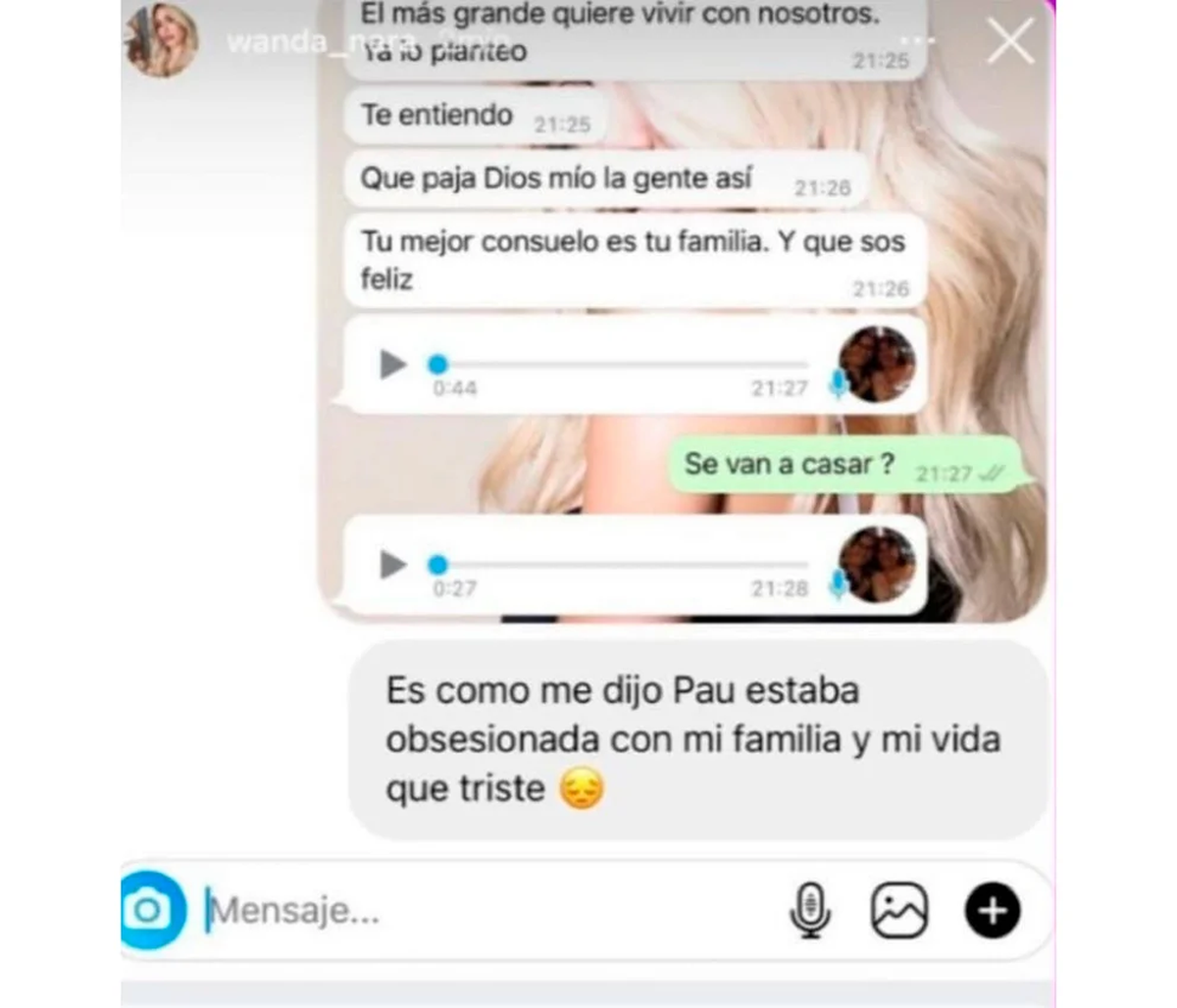 La captura del chat entre Wanda Nara y la China Su&aacute;rez y la cita a "Pau".