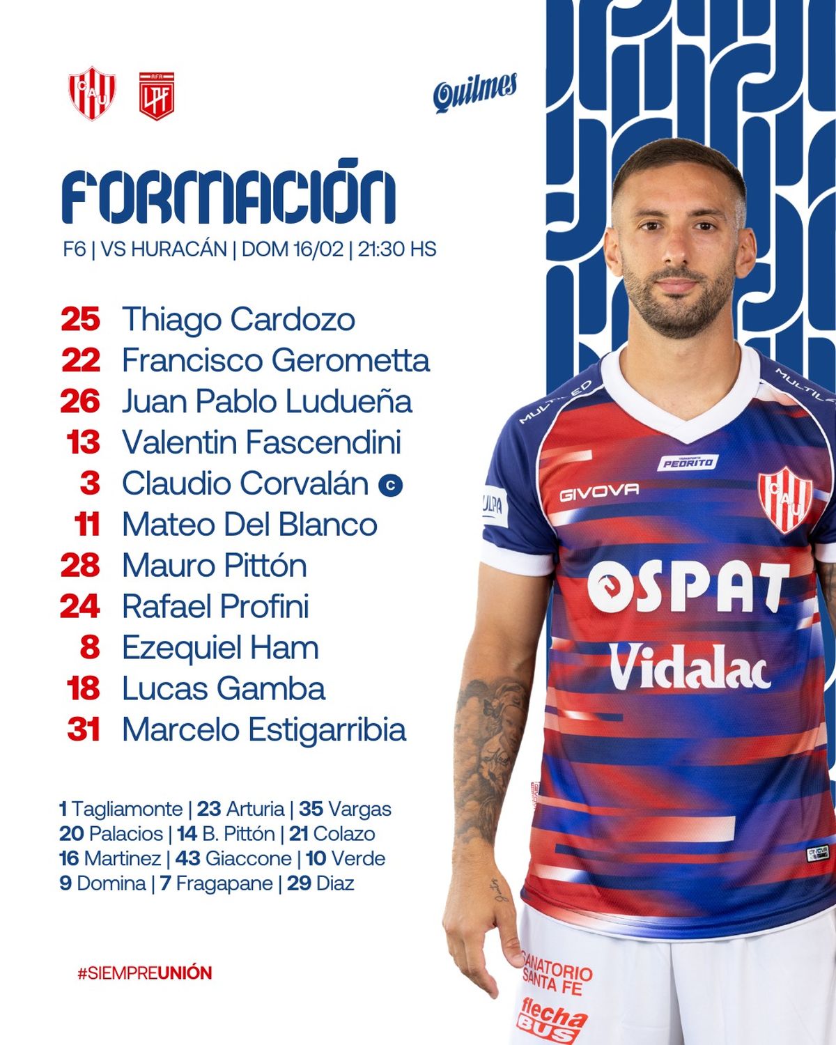 La formación de Unión vs. Huracán. La formación de Unión vs. Huracán.