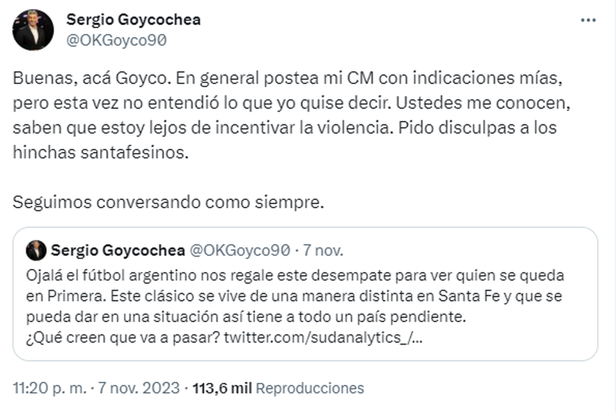 Los mensajes de Sergio Goycochea en sus redes sociales. Los mensajes de Sergio Goycochea en sus redes sociales.