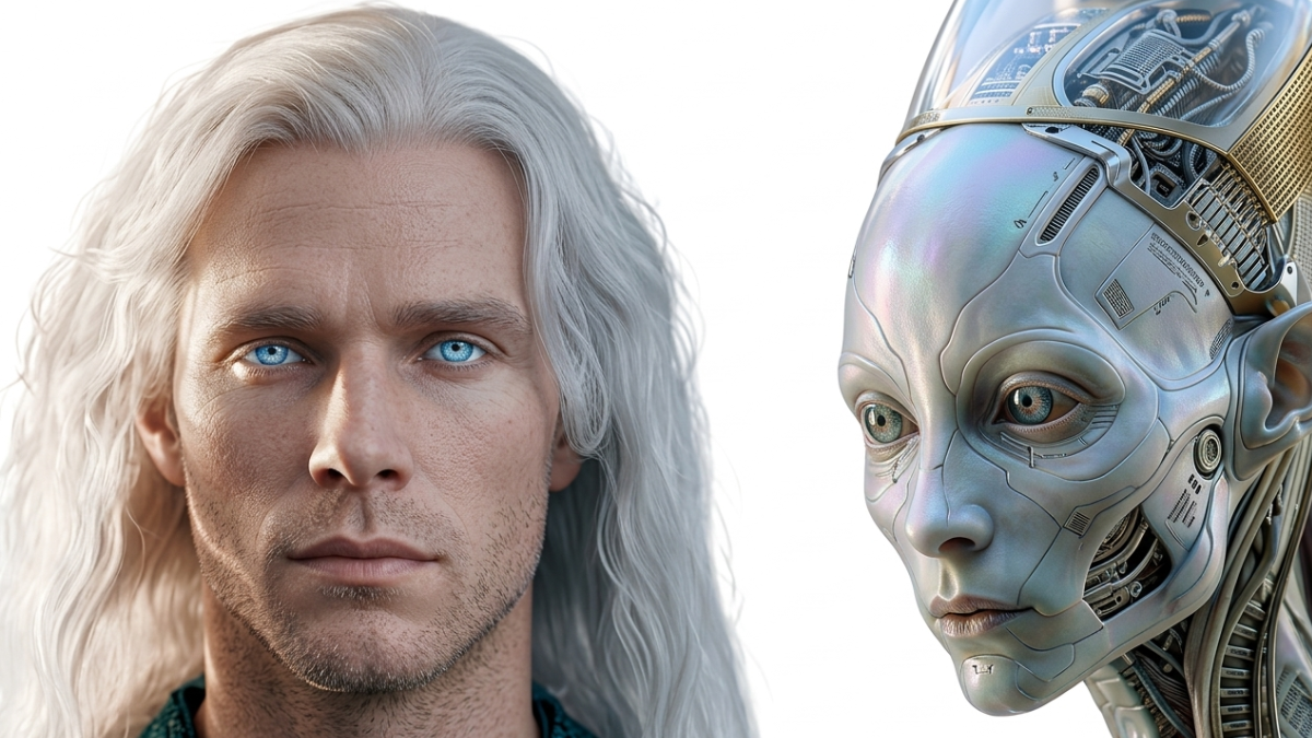 Dos mundos en una sola mirada la inteligencia artificial recrea la convivencia entre la humanidad y la tecnología futurista. Dos mundos en una sola mirada la inteligencia artificial recrea la convivencia entre la humanidad y la tecnología futurista.