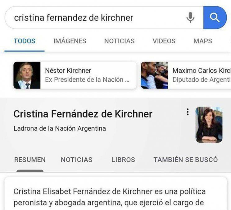 El buscador describió a Cristina Kirchner como "ladrona de la Nación Argentina" este fin de semana.