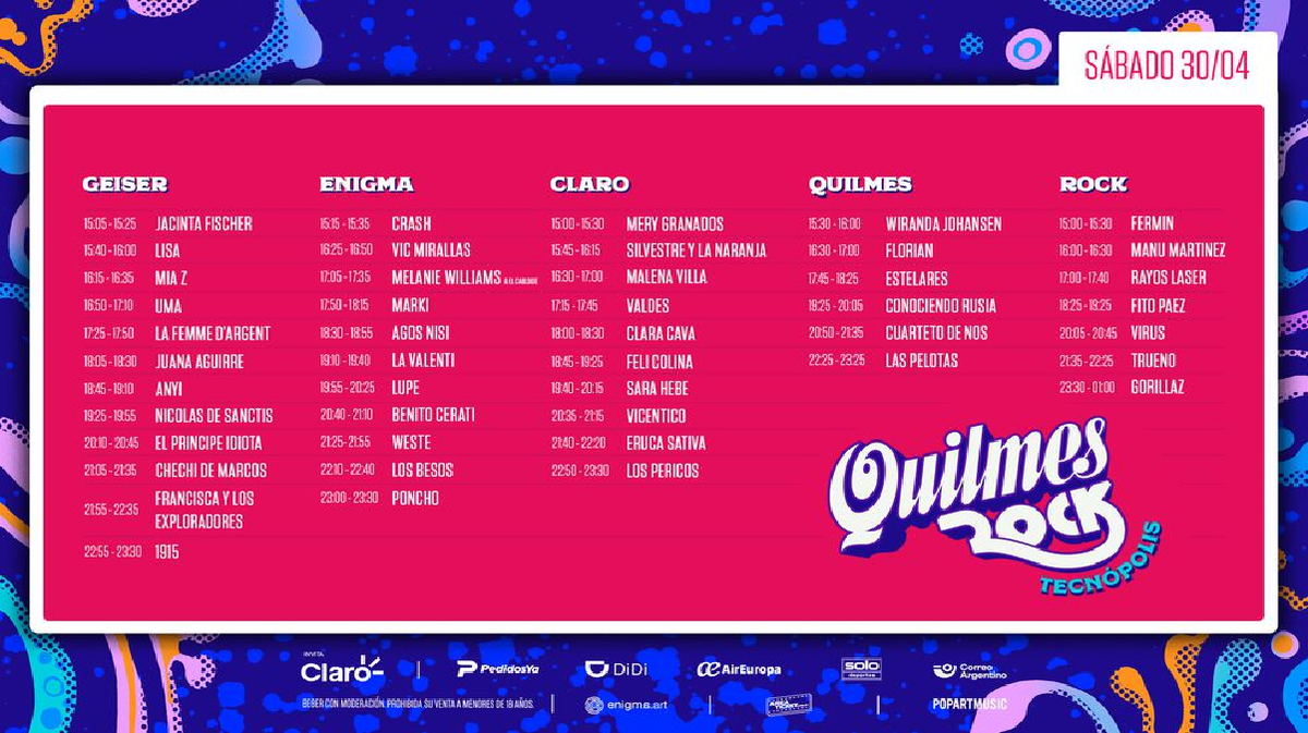 Grilla del día sábado en Quilmes Rock